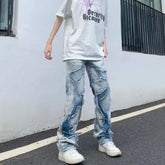 Threebooy Grunge Clothes Y2K Streetwear Hole Ripped Stacked Jeans Pants For Men Washed Blue Hip Hop Denim Trousers Ropa Hombre